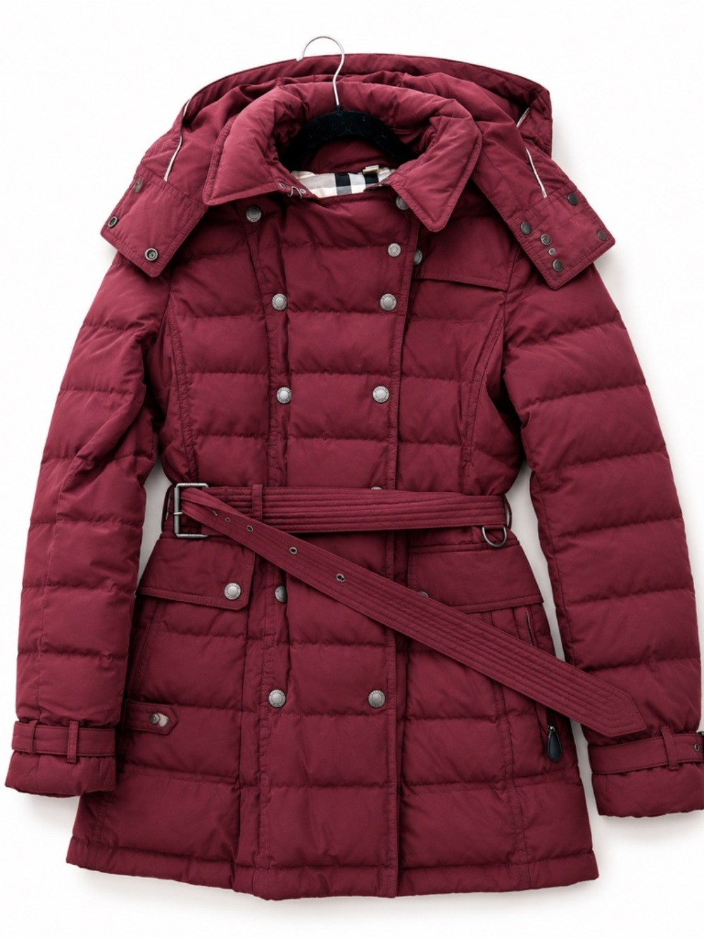 Burberry Brit Quilted Belted Puffer Coat in Burgundy